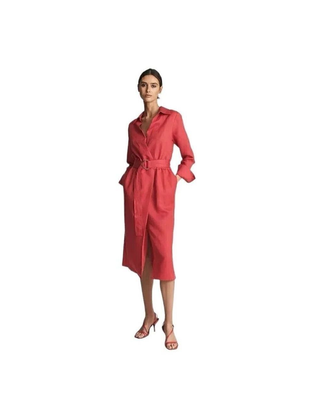 Reiss Emily Red Linen Blend Belted Midi Dress Size 2